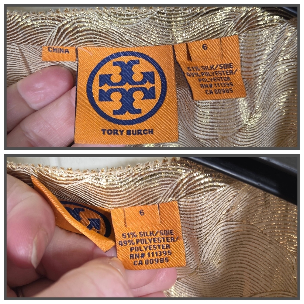 Tory Burch Trumpet Sleeveless Gold Ruffle Silk Blend Blouse Size 6 - Picture 4 of 16